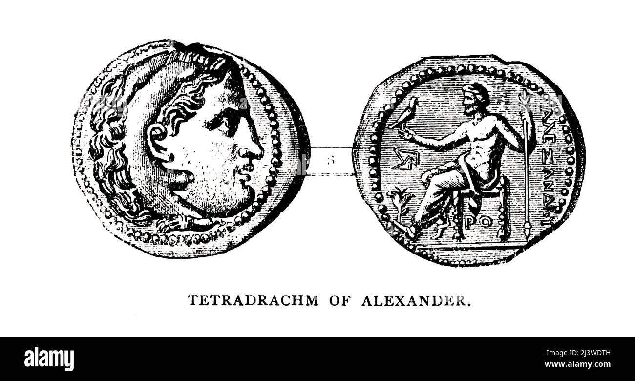 Tetradrachm d'Alexandre Illustration de l'ancienne pièce de monnaie biblique du livre ' l'argent de la Bible ' par George Charles Williamson, Éditeur: Londres, la Société religieuse de la tracte 1894 Banque D'Images