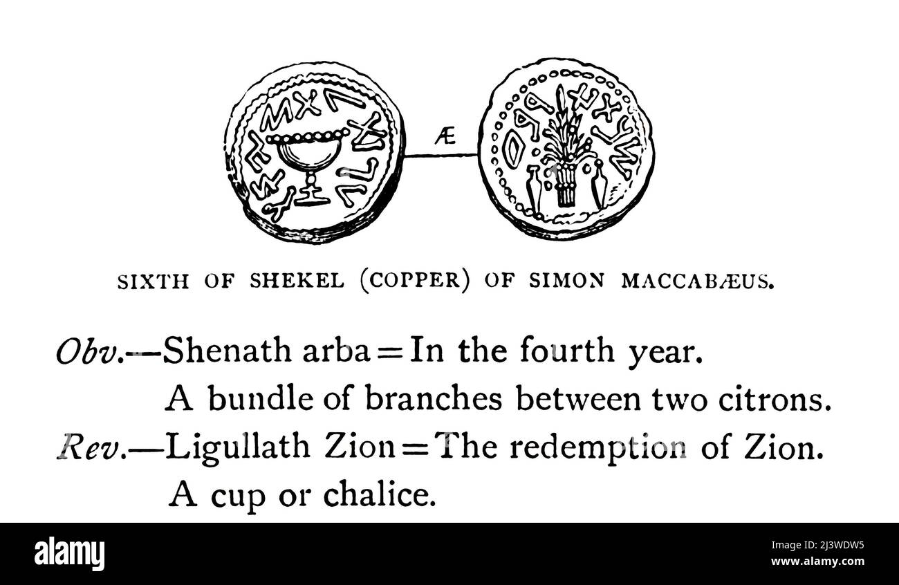SIXIÈME DE SHEKEL (CUIVRE) DE SIMON MACCABEUS [Simon Thassi] l'inscription est Obv. Shenath arba = dans la quatrième année. Un faisceau de branches entre deux citrons. Le Rév. Ligullath Zion = la rédemption de Zion. Une tasse ou un calice Illustration de l'ancienne pièce de monnaie biblique du livre ' l'argent de la Bible ' par George Charles Williamson, Éditeur: Londres, la Société religieuse de la tracte 1894 Banque D'Images