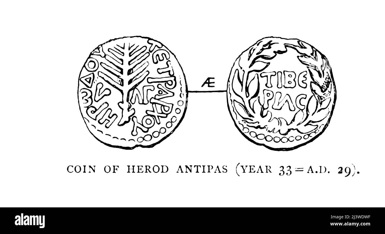 PIÈCE DE HÉRODE ANTIPAS (ANNÉE 33 = A.D. 29) Obv. Une branche de palmier et année 33. Rév. Inscription dans une couronne Illustration de l'ancienne pièce de monnaie biblique du livre ' l'argent de la Bible ' par George Charles Williamson, Éditeur: Londres, la Société religieuse de la tracte 1894 Banque D'Images