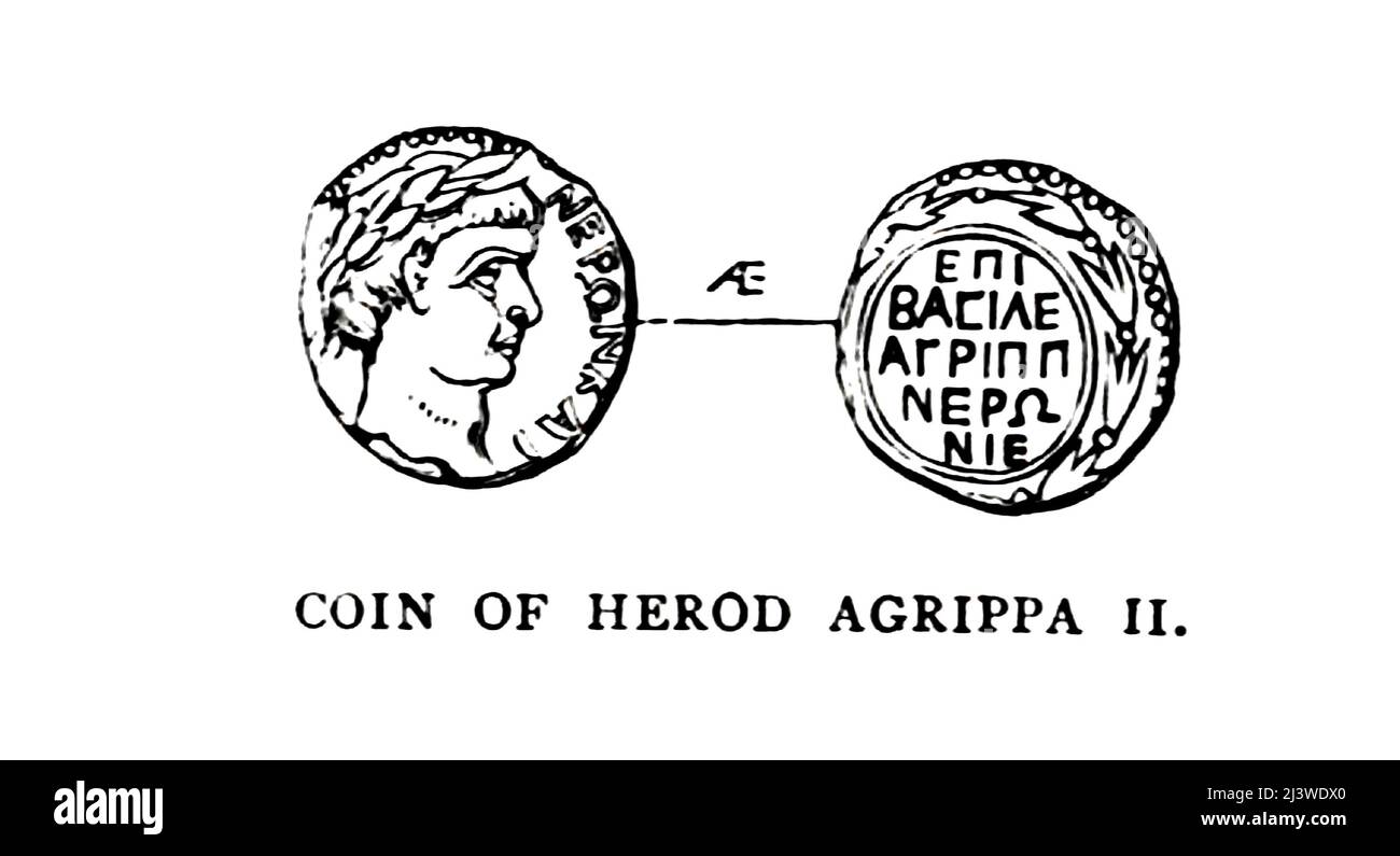 PIÈCE DE HÉRODE AGRIPPA II Obv. Tête de Nero à la righ Rev. Argent d'Agrippa frappé à Neronias. Les mots sont dans une couronne d'olive Illustration de l'ancienne pièce de monnaie biblique de temps du livre ' l'argent de la Bible ' par George Charles Williamson, éditeur: Londres, la Société religieuse de la tracte 1894 Banque D'Images