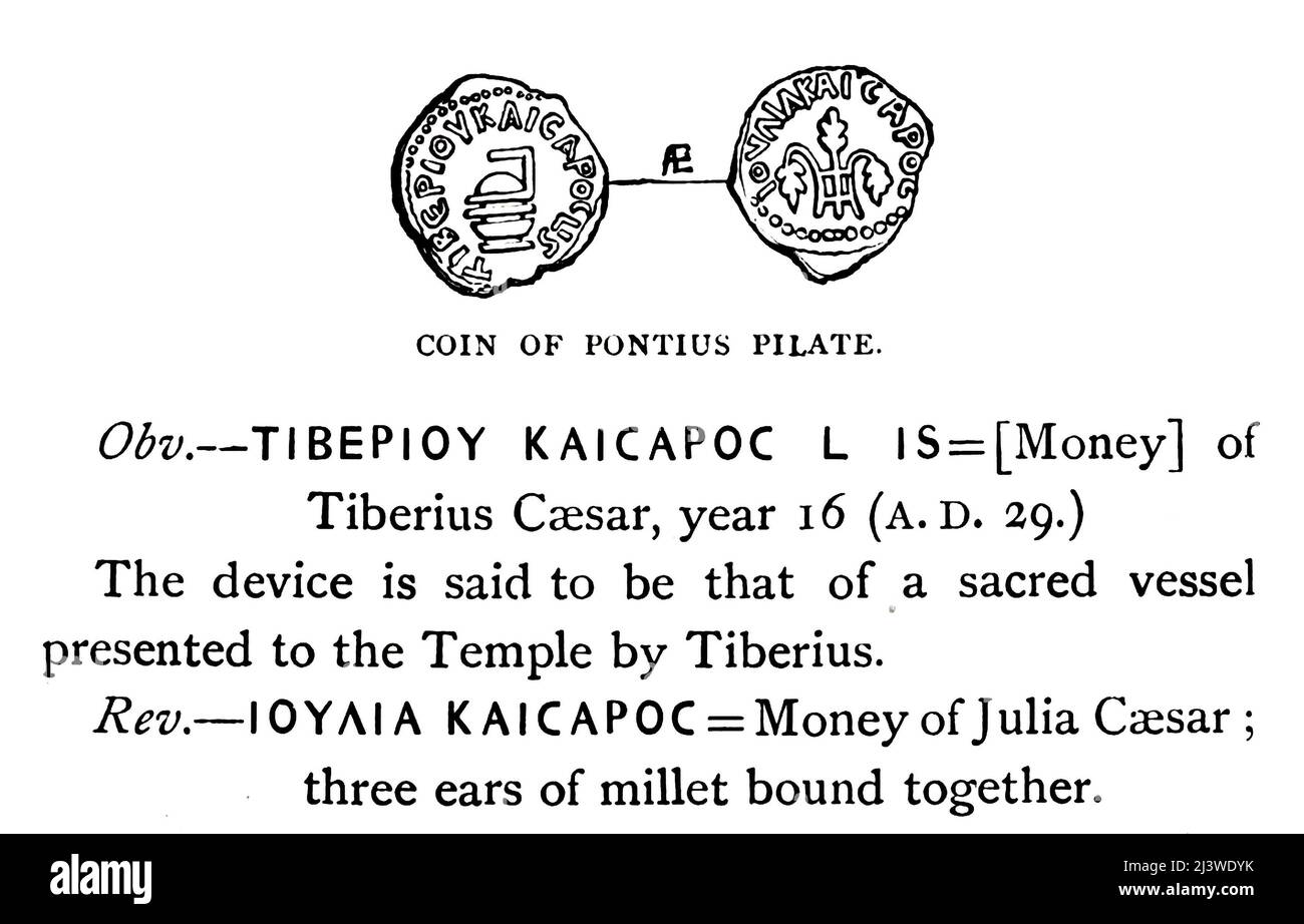 PIÈCE DE PONCE PILATE. Obv. [Argent] de César Tiberius, année 16 (A. D. 29.) Le dispositif est dit être celui d'un vaisseau sacré présenté au Temple par Tiberius. Rev. Argent de Julia César; trois oreilles de millet lié ensemble Illustration de l'ancienne pièce de monnaie biblique du livre ' l'argent de la Bible ' par George Charles Williamson, Éditeur: Londres, la Société religieuse de la Tract 1894 Banque D'Images