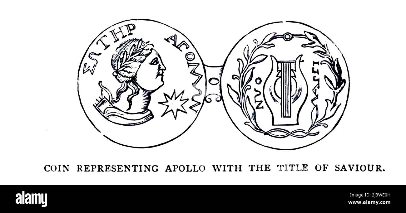 PIÈCE DE MONNAIE REPRÉSENTANT APOLLON AVEC LE TITRE DE SAUVEUR. Illustration de l'ancienne pièce de monnaie biblique de temps du livre ' l'argent de la Bible ' par George Charles Williamson, Éditeur: Londres, la Société religieuse de la tracte 1894 Banque D'Images