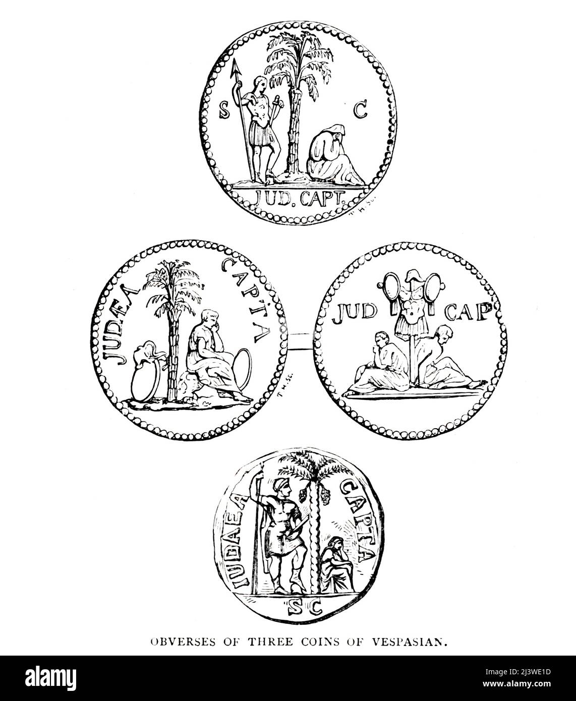OBVERSES DE TROIS PIÈCES DE VESPASIEN Illustration de l'ancienne pièce de monnaie biblique du livre ' l'argent de la Bible ' par George Charles Williamson, Éditeur: Londres, la Société religieuse de la trêve 1894 Banque D'Images