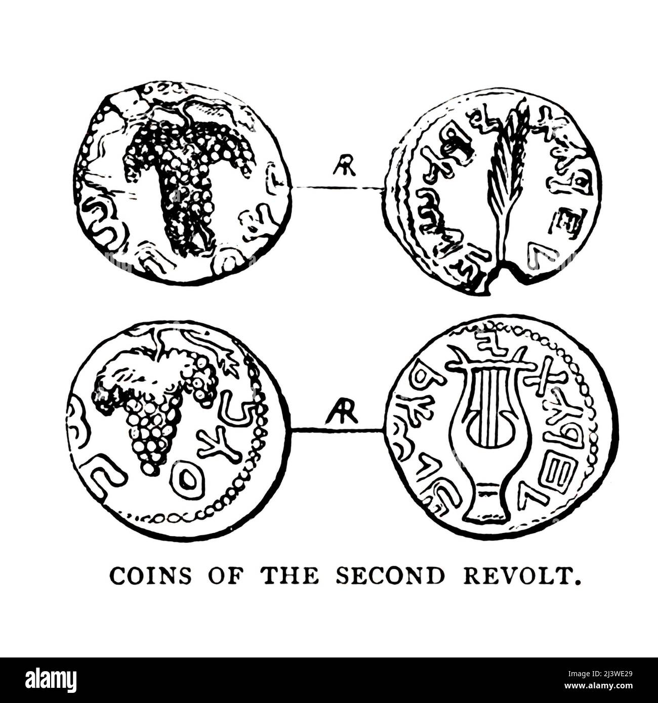 PIÈCES DE LA DEUXIÈME RÉVOLTE Simon Bar Cochab, dans A. D. 132 s'est annoncé comme le Messie, s'appelant le fils d'une étoile (Bar Cochab), et citant comme son mandat les mots dans Num. xxiv. 1 7, ' l'étoile de Jacob.' Ses pièces portent des emblèmes juifs, le palmier, le lyre, la feuille de vigne, le blé, Raisins, et le Temple, et sensiblement l'étoile au-dessus du Temple Illustration de l'ancienne pièce de monnaie biblique du livre ' l'argent de la Bible ' par George Charles Williamson, Éditeur: Londres, la Société religieuse de la trêve 1894 Banque D'Images