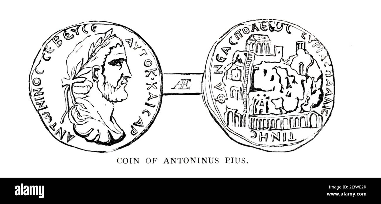 PIÈCE DE MONNAIE D'ANTONINUS PIE Illustration de l'ancienne pièce de monnaie biblique du livre ' l'argent de la Bible ' par George Charles Williamson, Éditeur: Londres, la Société religieuse de la trêt 1894 Banque D'Images