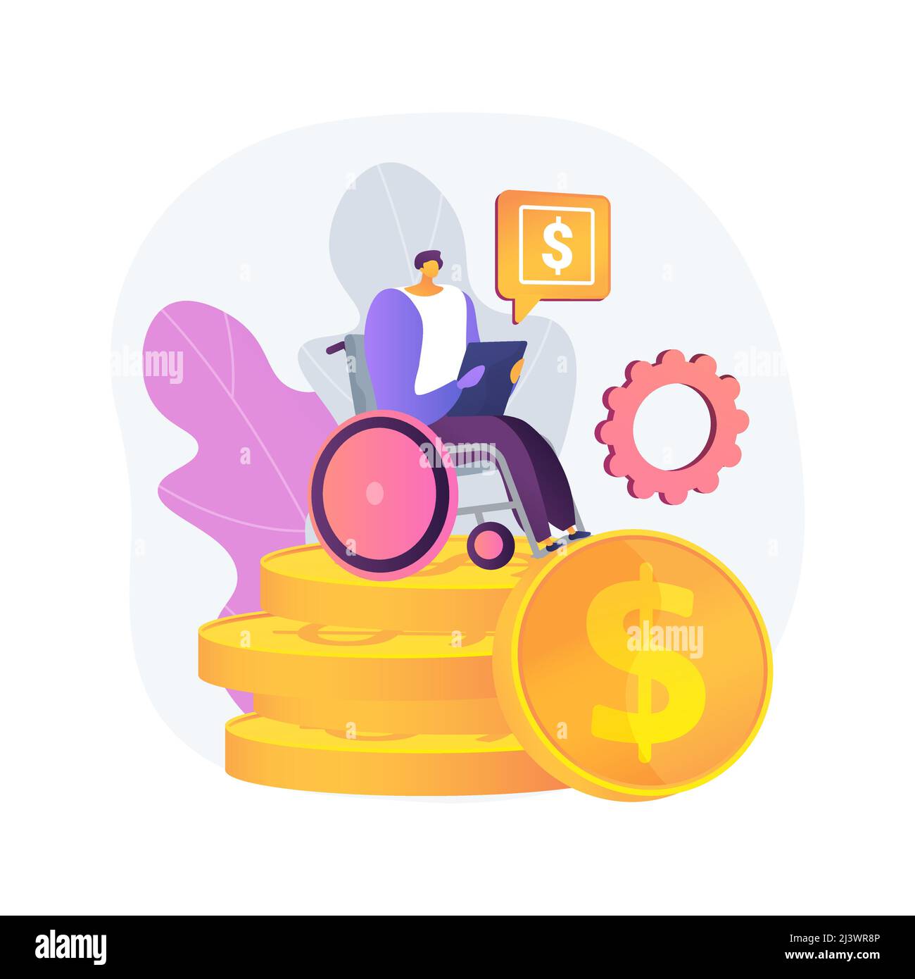 Illustration du vecteur de concept abstrait de l'allocation de soins. Cotisation de retraite, personne âgée handicapée, soins réguliers, femme âgée à la marchette, fauteuil roulant, domicile Illustration de Vecteur