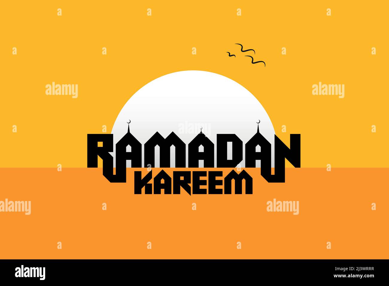 Ramadan Kareem texte logo design en anglais avec coucher de soleil Illustration de Vecteur
