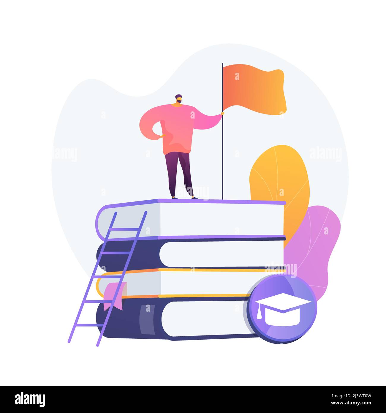 Homme intelligent, étudiant debout sur la pile de livres avec drapeau. Auto-apprentissage, amélioration personnelle, acquisition de connaissances. Réalisation éducative. isola vecteur Illustration de Vecteur