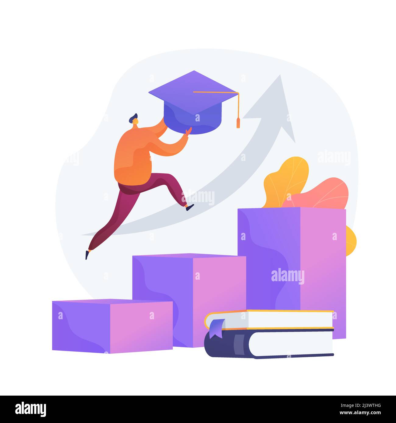 Diplôme universitaire. Réalisation, enseignement supérieur, diplôme universitaire. Un étudiant qui a réussi à sauter, tenant un panneau mortatoire. Développement personnel. Vecteur i Illustration de Vecteur