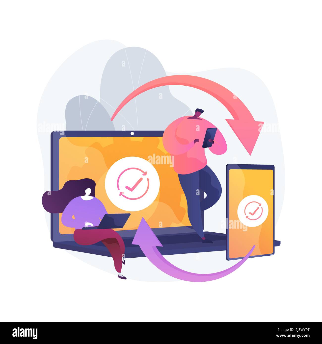 Illustration du vecteur de concept abstrait de synchronisation entre périphériques. Synchronisation de tous les périphériques, test logiciel, synchronisation inter-périphériques, site web mobi Illustration de Vecteur