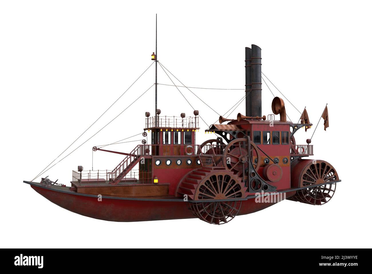 Bateau à vapeur steampunk style paddle. 3D illustration isolée sur un fond blanc avec un masque. Banque D'Images