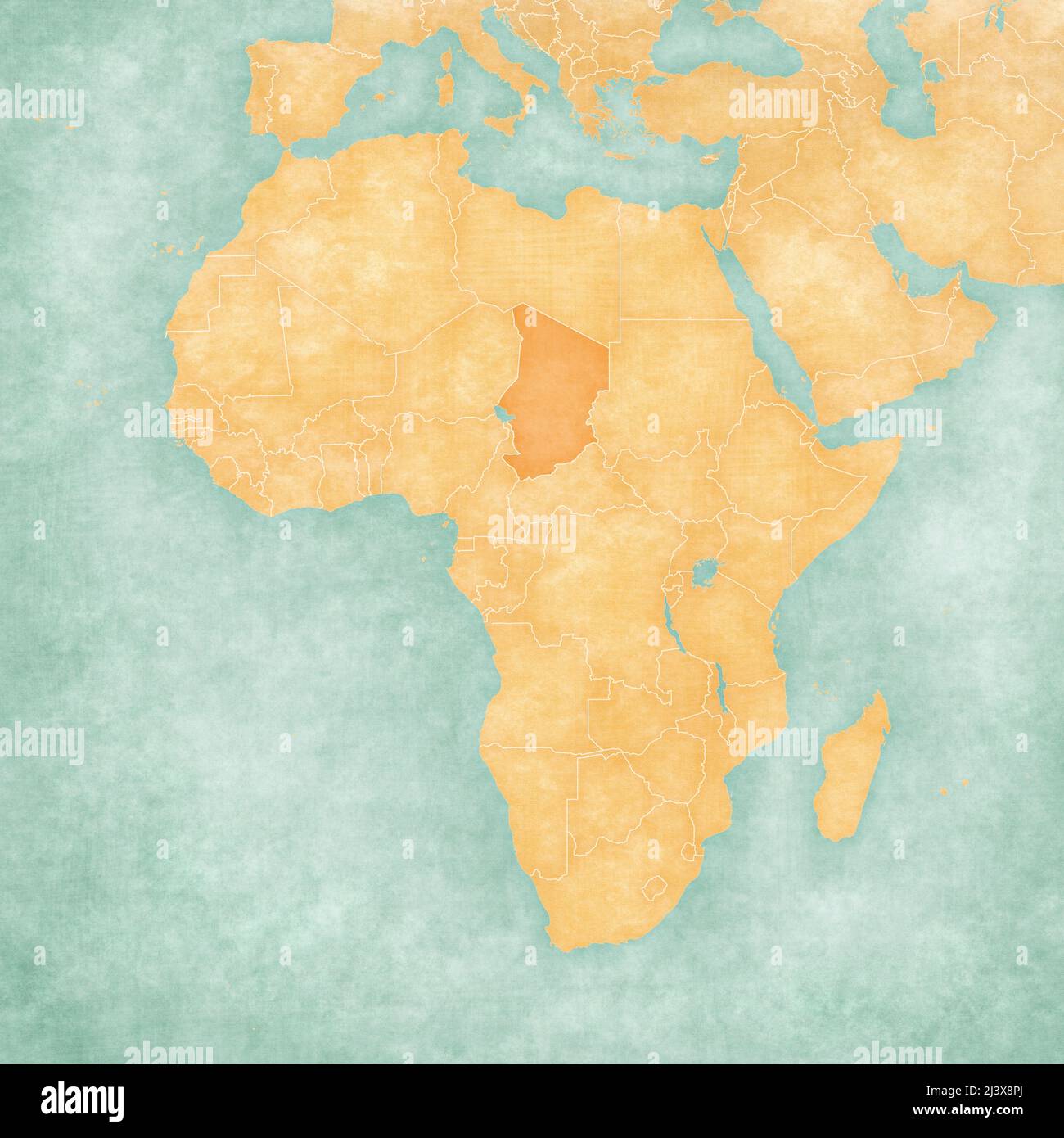 Tchad sur la carte de l'Afrique dans le grunge doux et le style vintage, comme le vieux papier avec aquarelle peinture. Banque D'Images