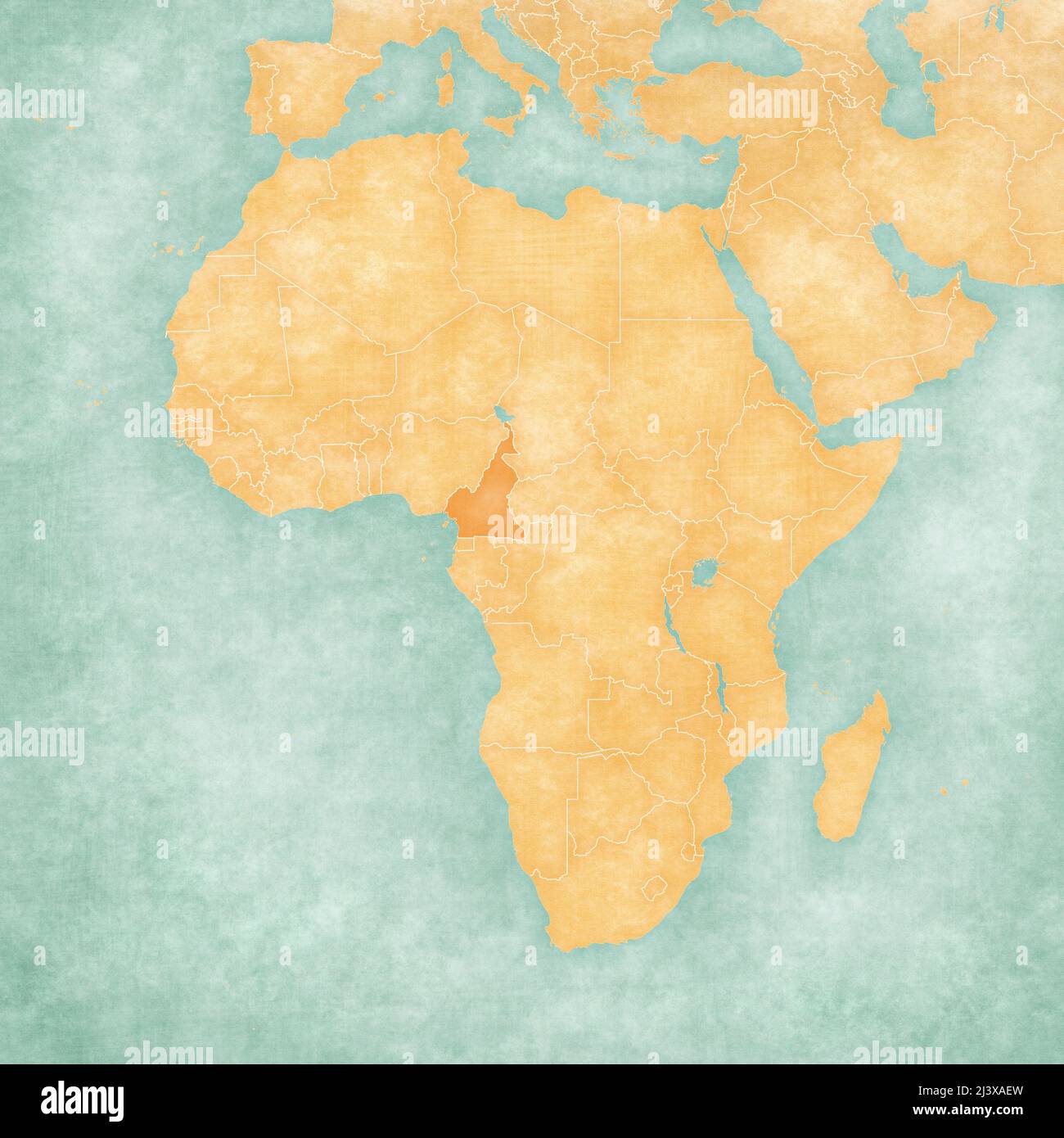 Cameroun sur la carte de l'Afrique dans le grunge doux et le style vintage, comme le vieux papier avec aquarelle peinture. Banque D'Images