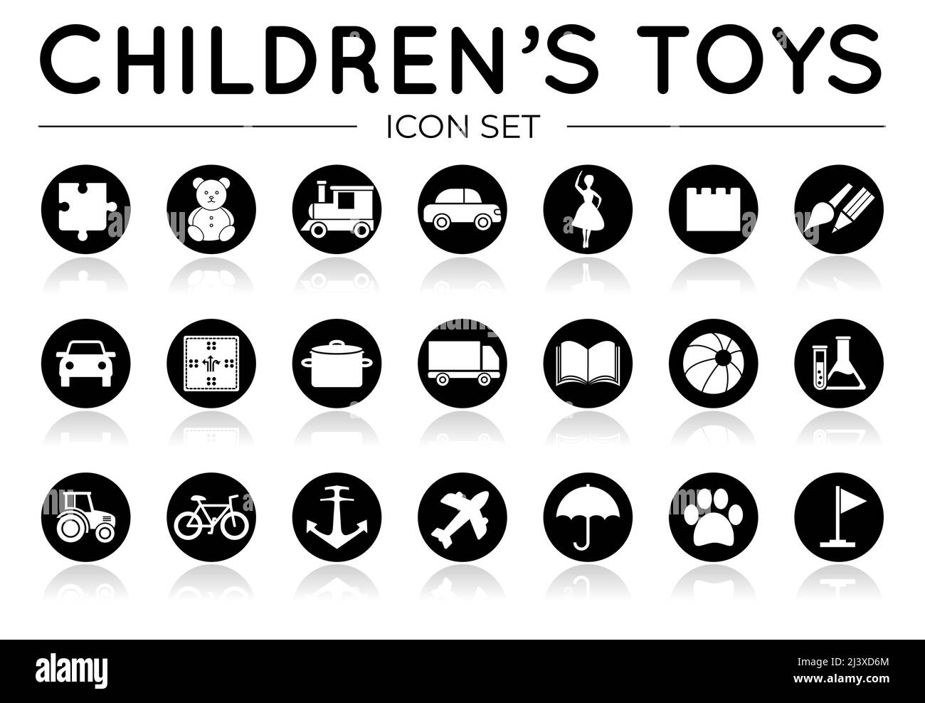 Ensemble d'icônes de jouets noirs pour enfants avec réflexion avec casse-tête, peluche, train et voiture, jeu de société, poupées, Arts et artisanat, ensembles de construction, cuisine, navire, tr Illustration de Vecteur