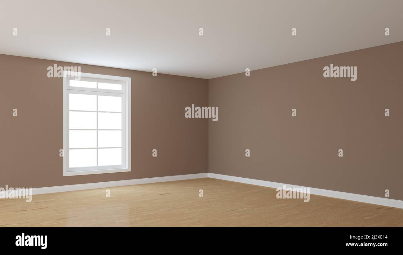 Coin intérieur vide avec murs en stuc brun, plafond blanc, grande fenêtre, parquet brillant et un parquet blanc. Vue en perspective. 3D rendu avec un tracé de travail dans la fenêtre. 8K Ultra HD 7680 x 4320 Banque D'Images