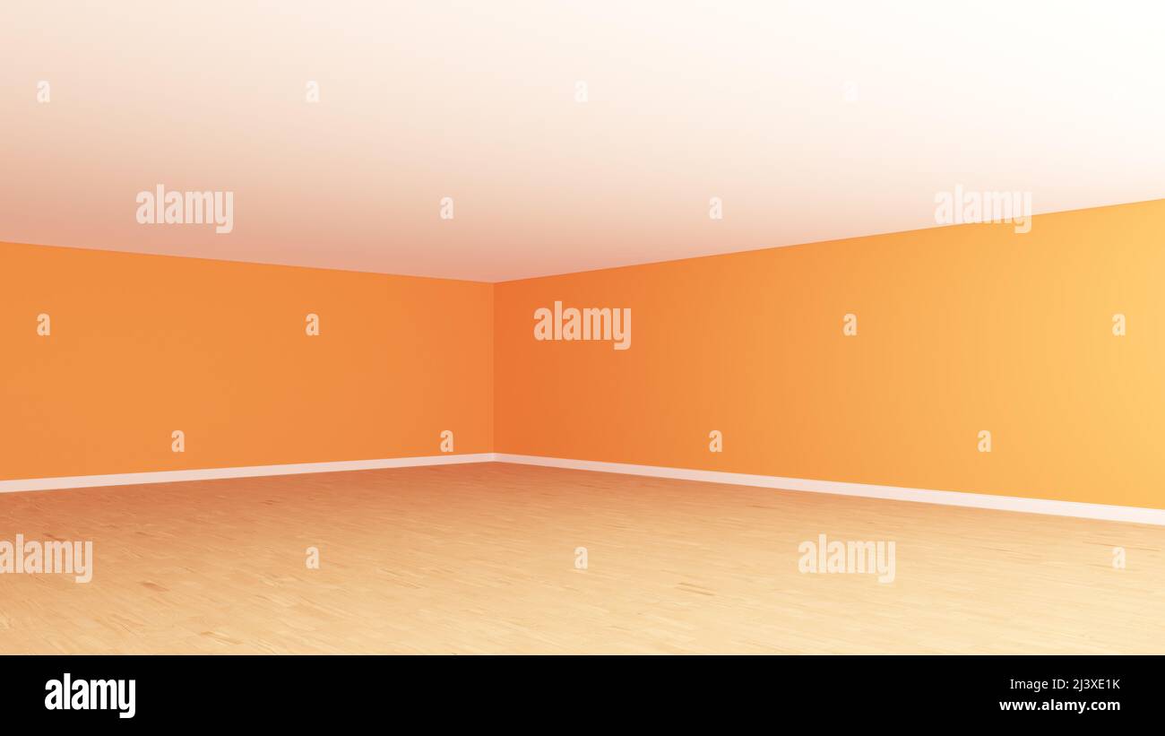 Coin intérieur vide avec murs en stuc orange, plafond blanc, parquet clair et un plinthes blanc. Chambre vide non meublée. Vue en perspective. Rendu 3D, Ultra HD 8K, 7680x4320, 300 dpi Banque D'Images