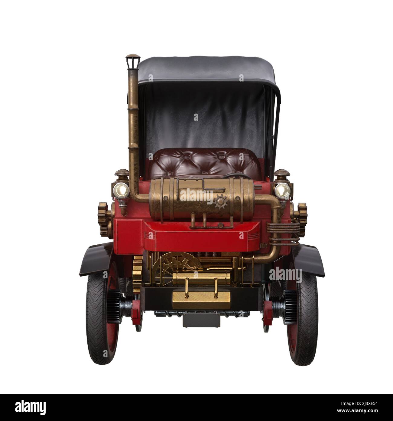 Vue de face d'une voiture de steampunk fantastique équipée d'une machine à vapeur. 3D illustration isolée sur blanc. Banque D'Images