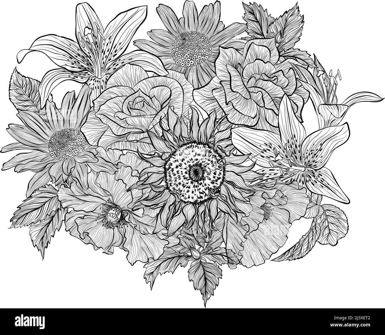 Bouquet de fleurs avec divers dessins de ligne de fleurs Illustration de Vecteur