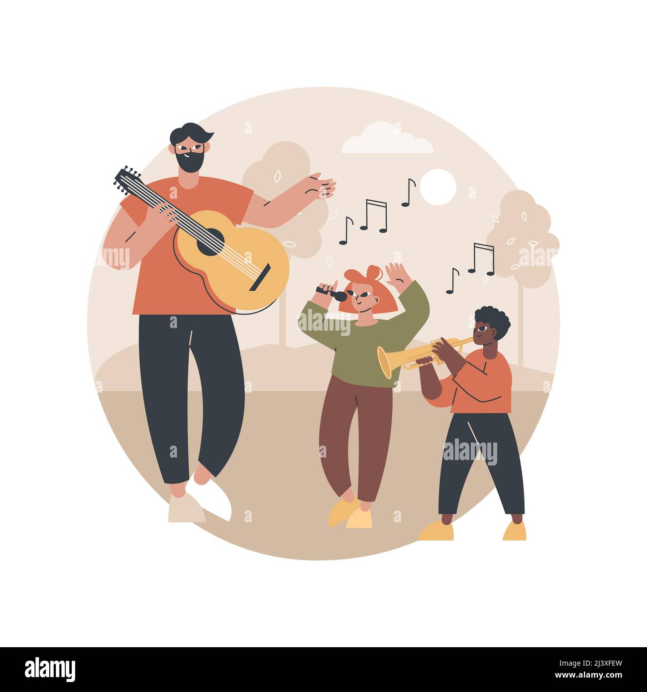 Illustration vectorielle abstraite de concept de camp musical. Jeunes musiciens, camp d'été musical, cours de chant, instrument de jeu, spectacle final en direct Illustration de Vecteur