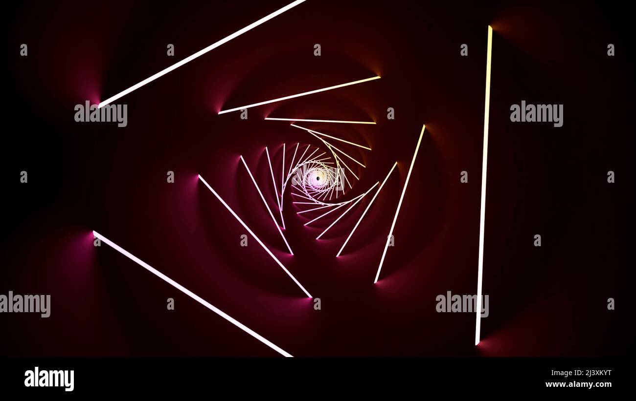 Grands triangles violets lumineux. Conception. Lignes et triangles lumineux créant un tunnel sur fond noir dans l'animation. Banque D'Images