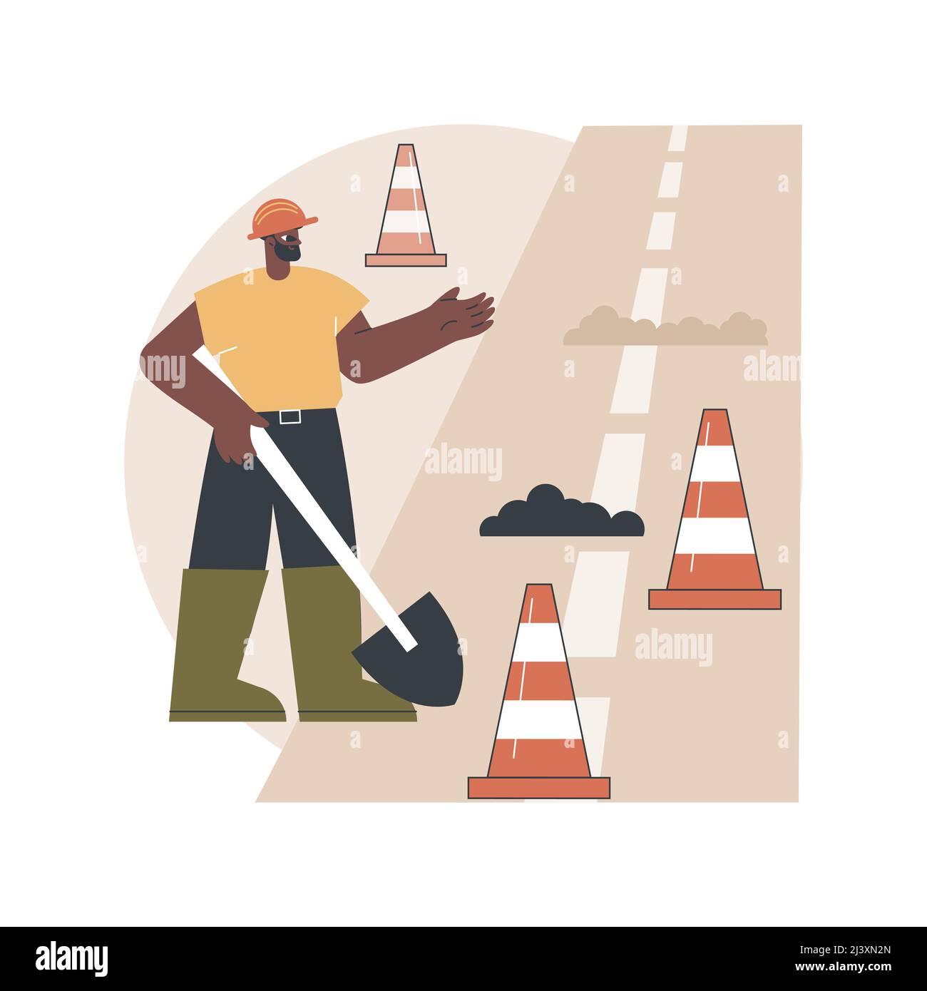 Illustration vectorielle abstraite de Road Works. Construction et réparation de routes, conditions de conduite restreintes, fermeture partielle de l'autoroute, détour dû à W Illustration de Vecteur