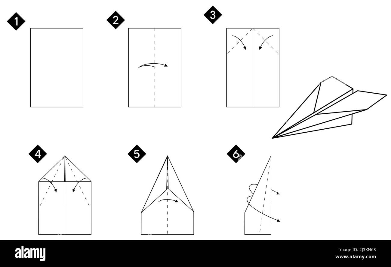 Instructions pour faire un avion d'origami. Noir et blanc. Illustration monochrome du tutoriel vectoriel étape par étape. Illustration de Vecteur