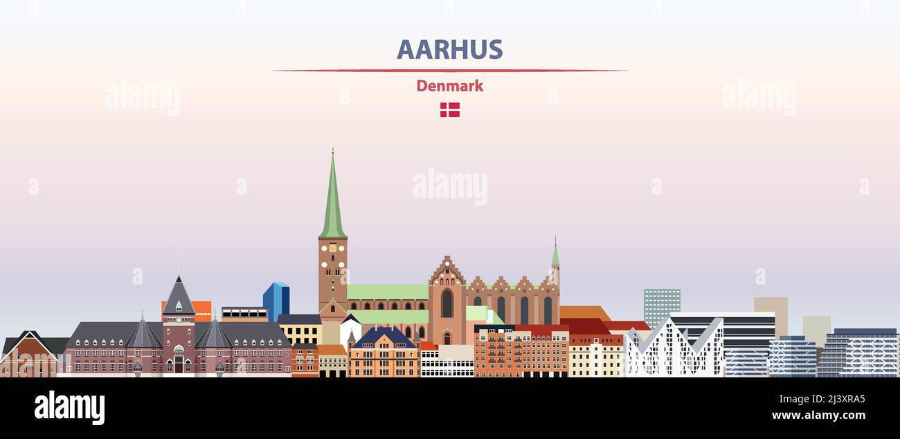 Paysage urbain d'Aarhus sur fond de ciel de coucher de soleil illustration vectorielle avec nom de pays et de ville et drapeau du Danemark Illustration de Vecteur