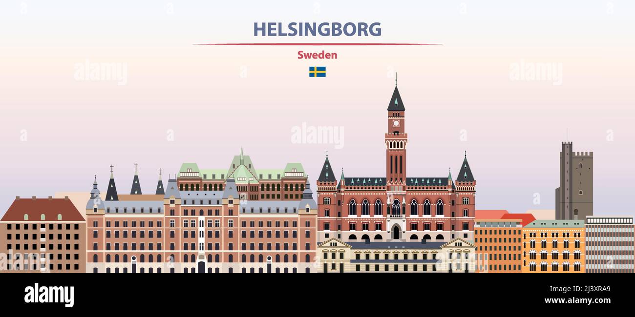 Helsingborg paysage urbain sur fond de ciel coucher de soleil illustration vectorielle avec le nom du pays et de la ville et avec le drapeau de la Suède Illustration de Vecteur