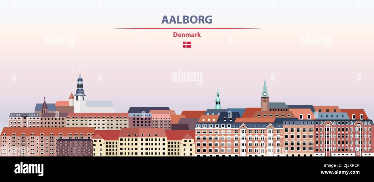 Paysage urbain d'Aalborg sur fond de ciel coucher de soleil illustration vectorielle avec nom de pays et de ville et drapeau du Danemark Illustration de Vecteur