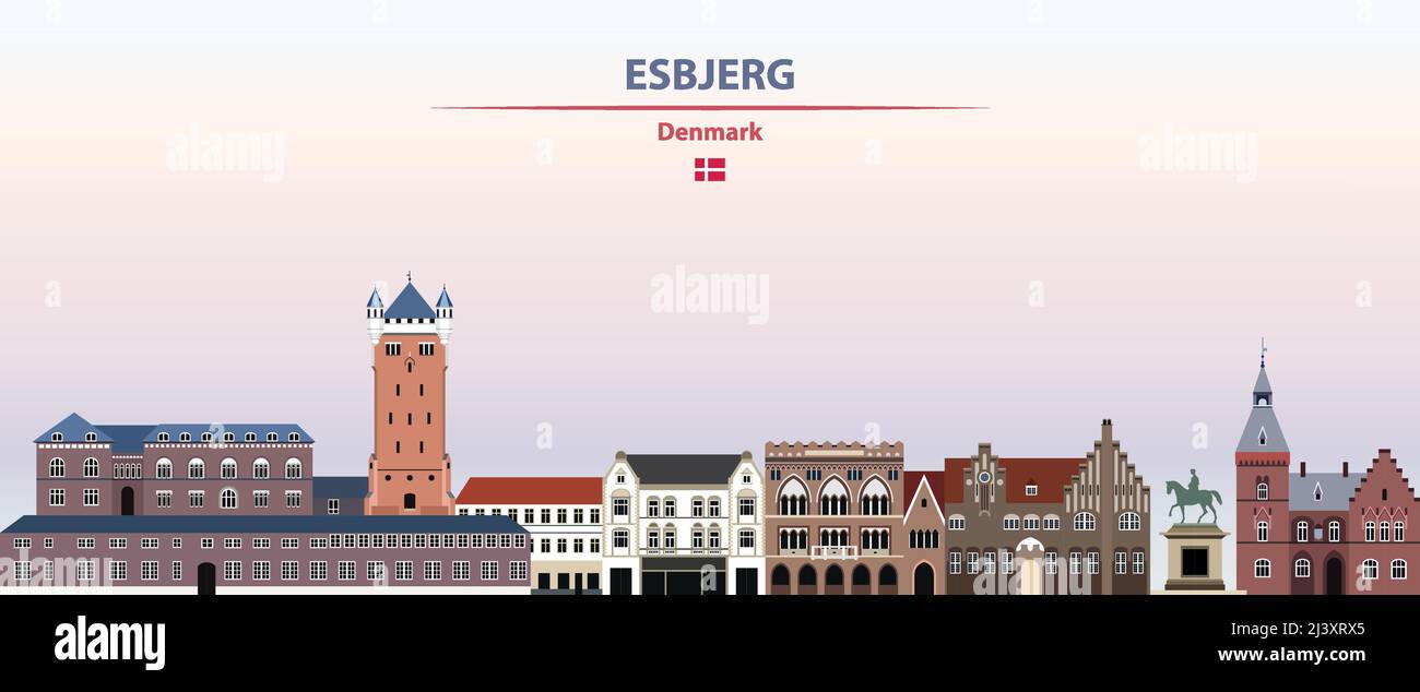 Esbjerg paysage urbain sur fond de ciel coucher de soleil illustration vectorielle avec nom de pays et de ville et avec drapeau du Danemark Illustration de Vecteur