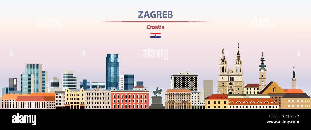 Zagreb paysage urbain sur fond de ciel coucher de soleil illustration du vecteur avec le nom du pays et de la ville et avec le drapeau de la Croatie Illustration de Vecteur