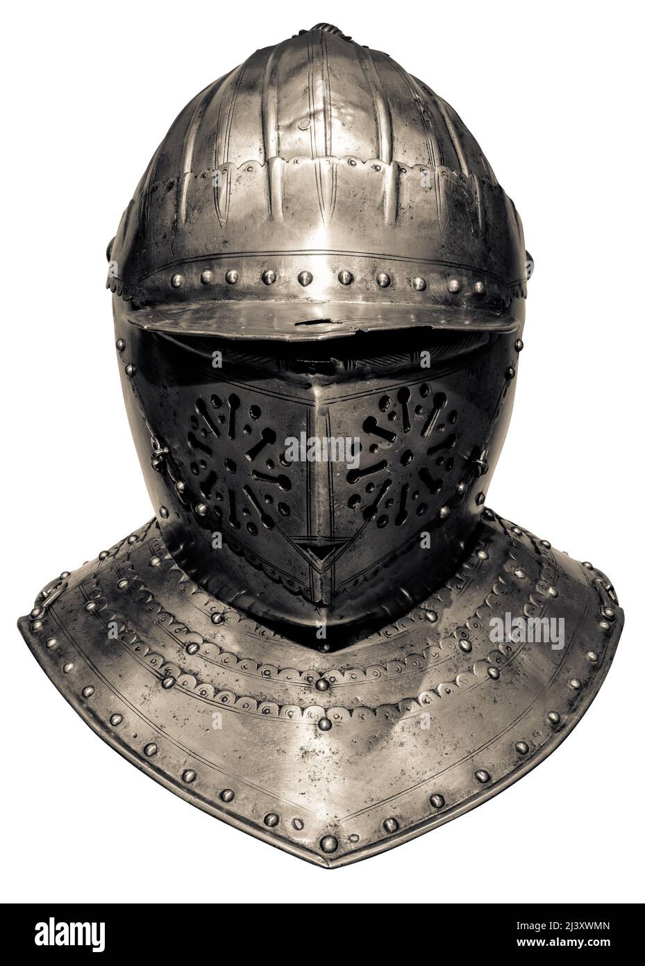 Isolement d'Un casque médiéval, d'une visière et d'un Gorget d'un costume d'armure, sur Un fond blanc Banque D'Images