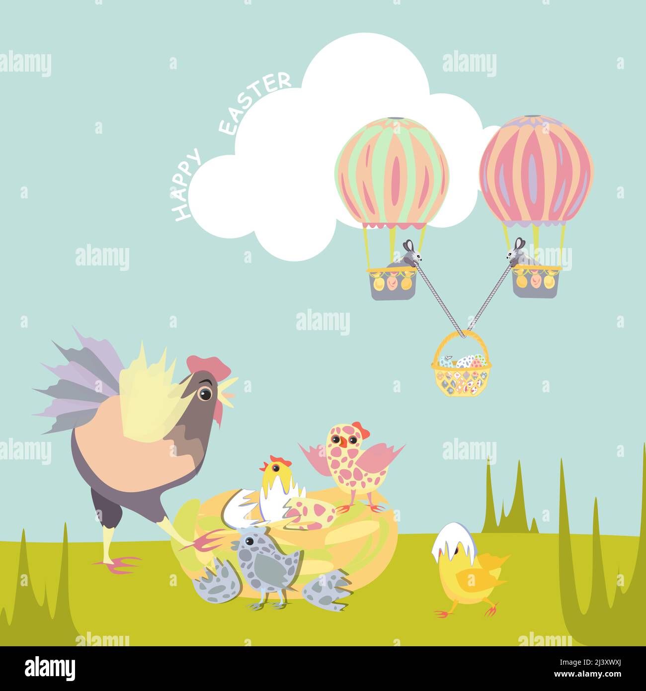 Les lapins de Pâques volent sur des ballons d'air avec des œufs de cannelle. La poule est surprise qu'elle ait éclos des poussins tachetés colorés. Joyeux Pâques vecteur coupe isolée Illustration de Vecteur