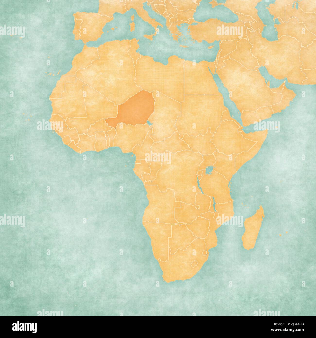 Niger sur la carte de l'Afrique dans le grunge doux et le style vintage, comme le vieux papier avec aquarelle peinture. Banque D'Images