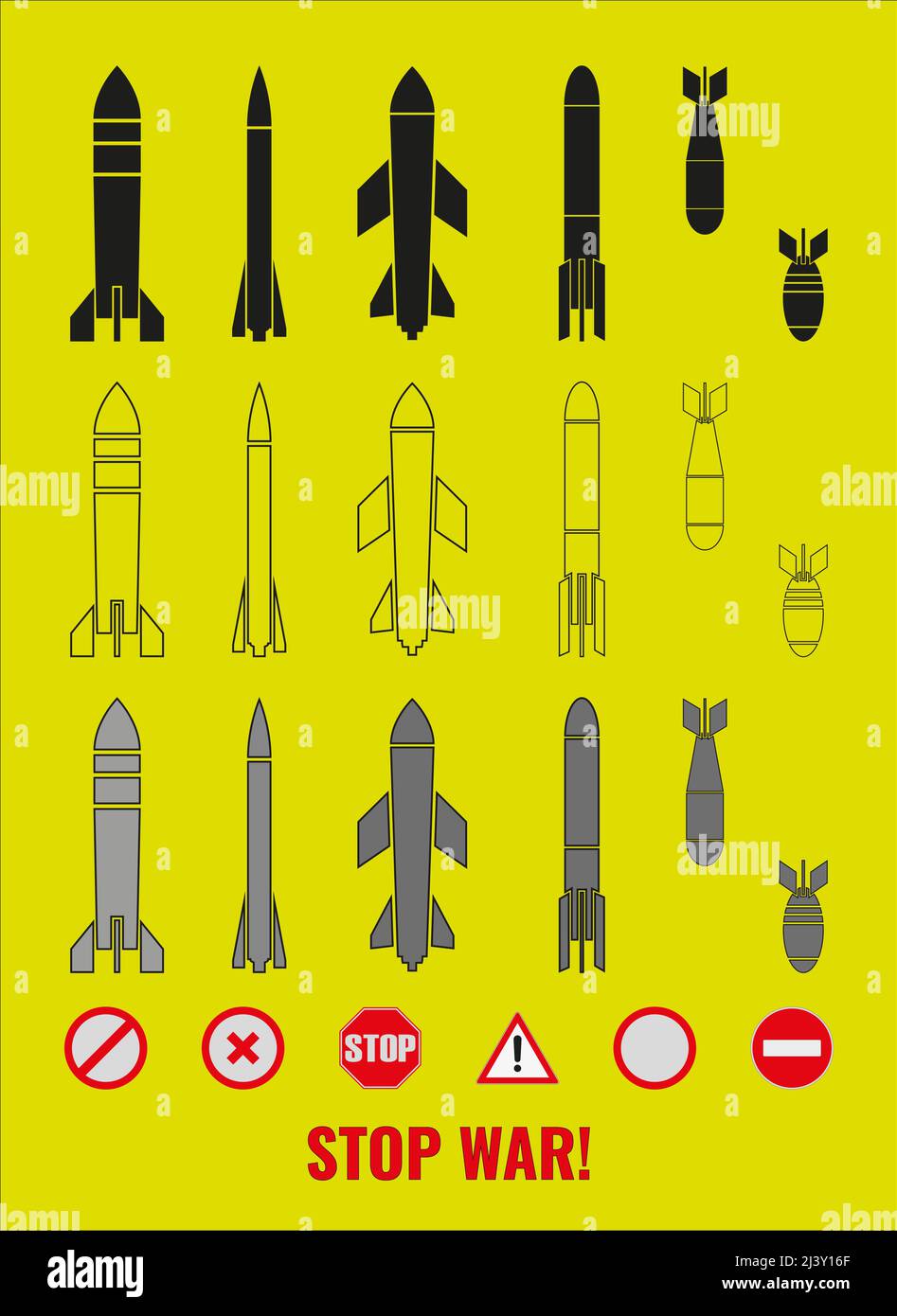 Ensemble d'icônes de bombes, de missiles et de signes de symboles anti-guerre. Constructeur. L'inscription STOP WAR! Illustration. Illustration de Vecteur