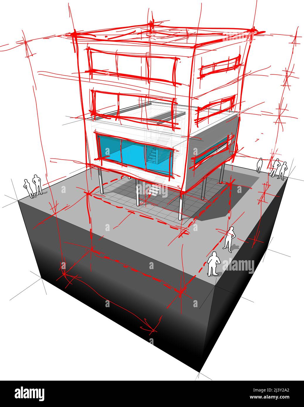 schéma d'une possible rénovation moderne de la maison ajoutant deux étages supplémentaires et sous-sol Banque D'Images