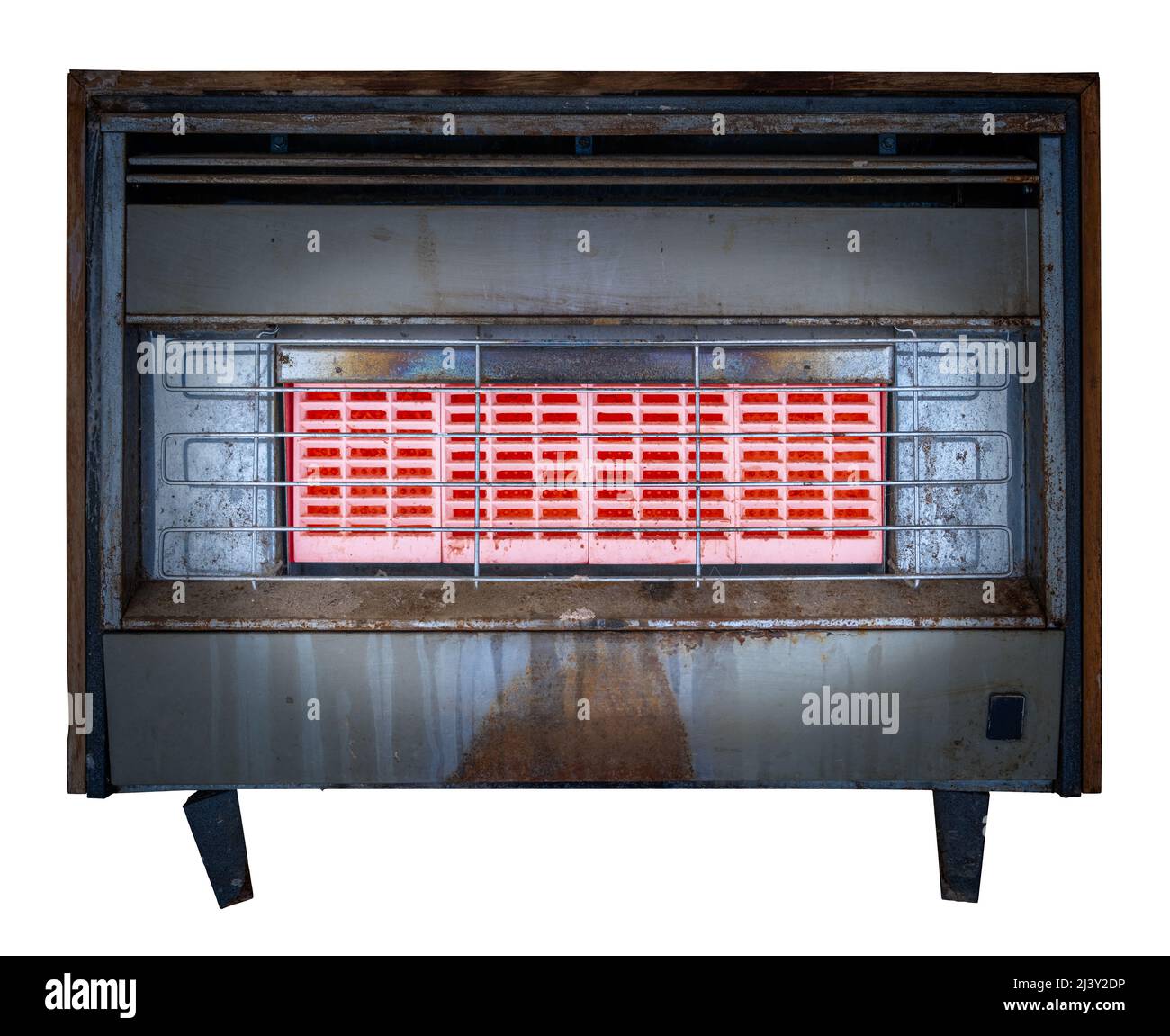 Feu de gaz intérieur ou radiateur ou chauffage isolé, grungy et luminescent lorsqu'il est allumé Banque D'Images
