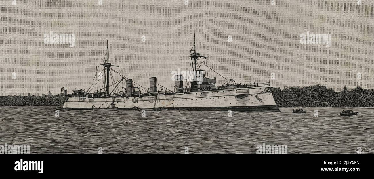 L'escadron allemand de l'Asie de l'est. La Marine impériale allemande a protégé SMS Kaiserin Augusta (1892-1920), destiné à la ville de Tsingtao (Chine) en janvier 1898. Gravure par Capuz. La Ilustración Española y Americana, 1898. Banque D'Images