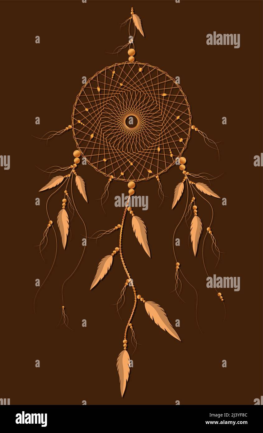 dreamcatcher avec ornement de mandala et plumes d'oiseau. Symbole Mystic d'or, art ethnique avec dessin de boho amérindien, vecteur isolé sur l'ancien Illustration de Vecteur