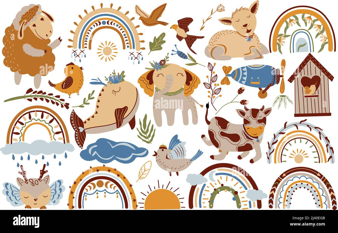 Éléments de boho, nuage, soleil, arc-en-ciel, fleurs, animal, feuilles, oiseau. Jolie clipart de pépinière dans des couleurs pastel. Illustration vectorielle. Illustration de Vecteur