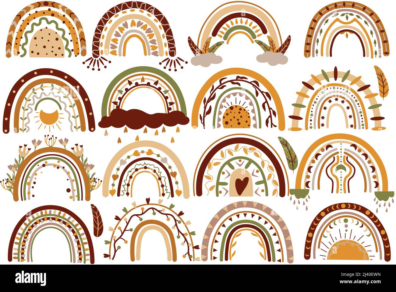 Collection de boho arcs-en-ciel avec coeurs, fleurs, feuilles, nuages dans des couleurs pastel sur fond blanc. Style scandinave. Illustration vectorielle. Illustration de Vecteur