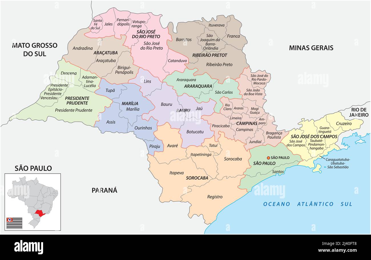 Carte des régions géographiques intermédiaires et immédiates de Sao Paulo, Brésil Illustration de Vecteur
