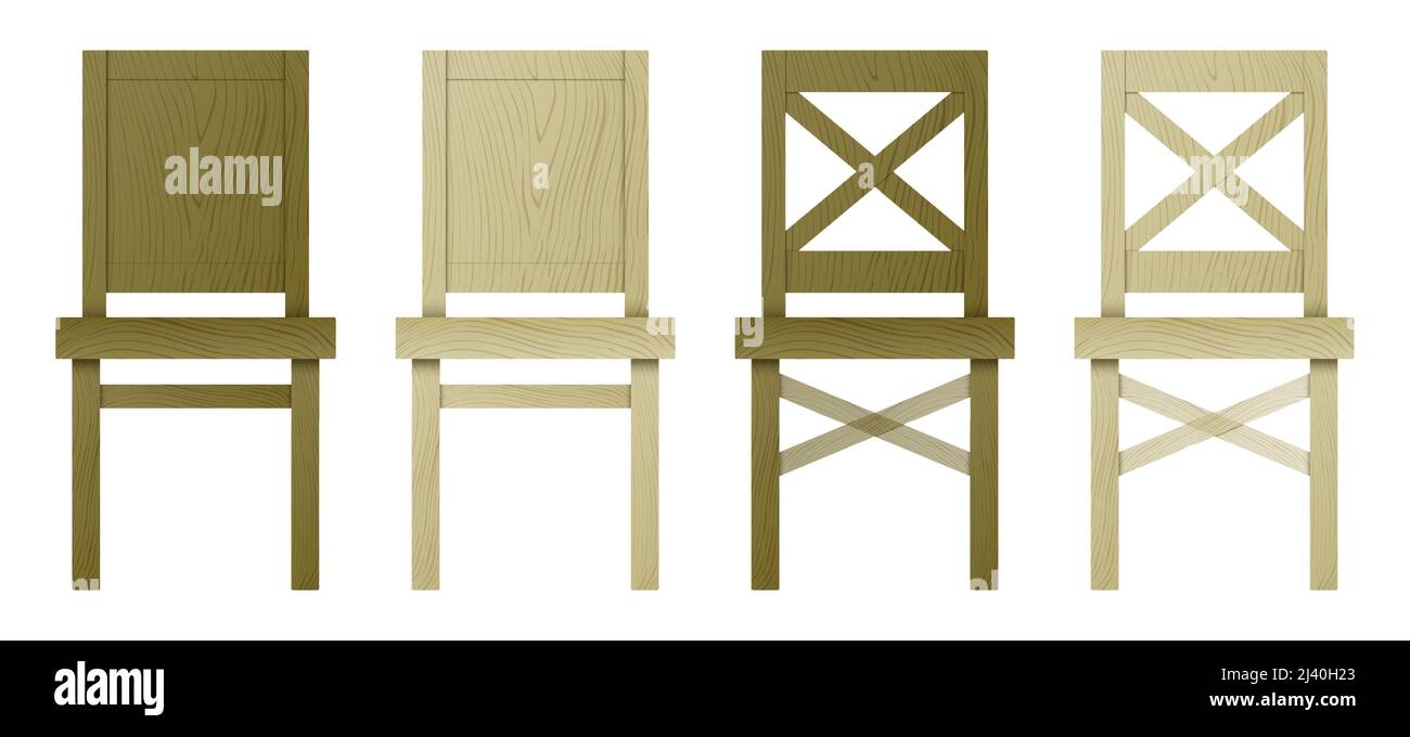 Ensemble vectoriel de différents styles de chaises en bois de couleur sombre et claire, isolé sur fond blanc. Illustration de Vecteur