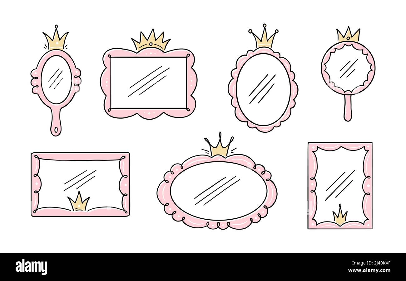 Cadre de miroir couronne princesse. Miroir de jardin dessiné à la main avec couronne pour bébé princesse décorer bordure. Illustration vectorielle. Illustration de Vecteur