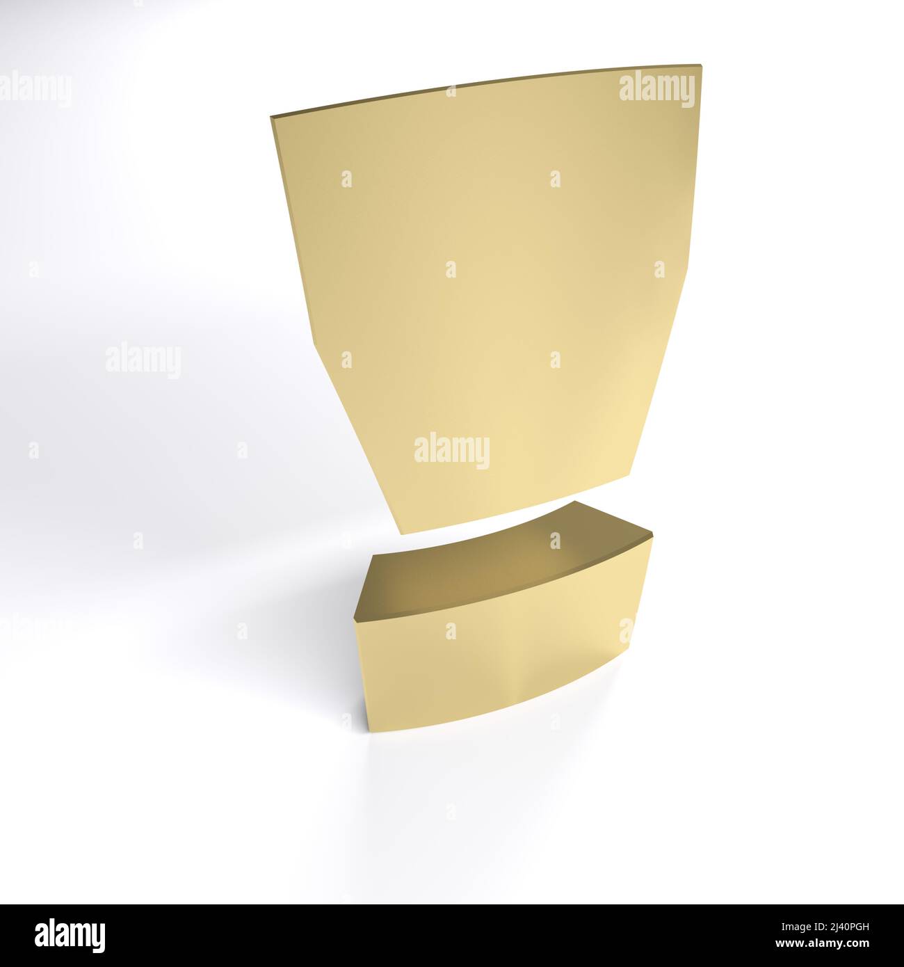 Point d'exclamation dans un matériau en laiton sur fond blanc - illustration de rendu 3D Banque D'Images