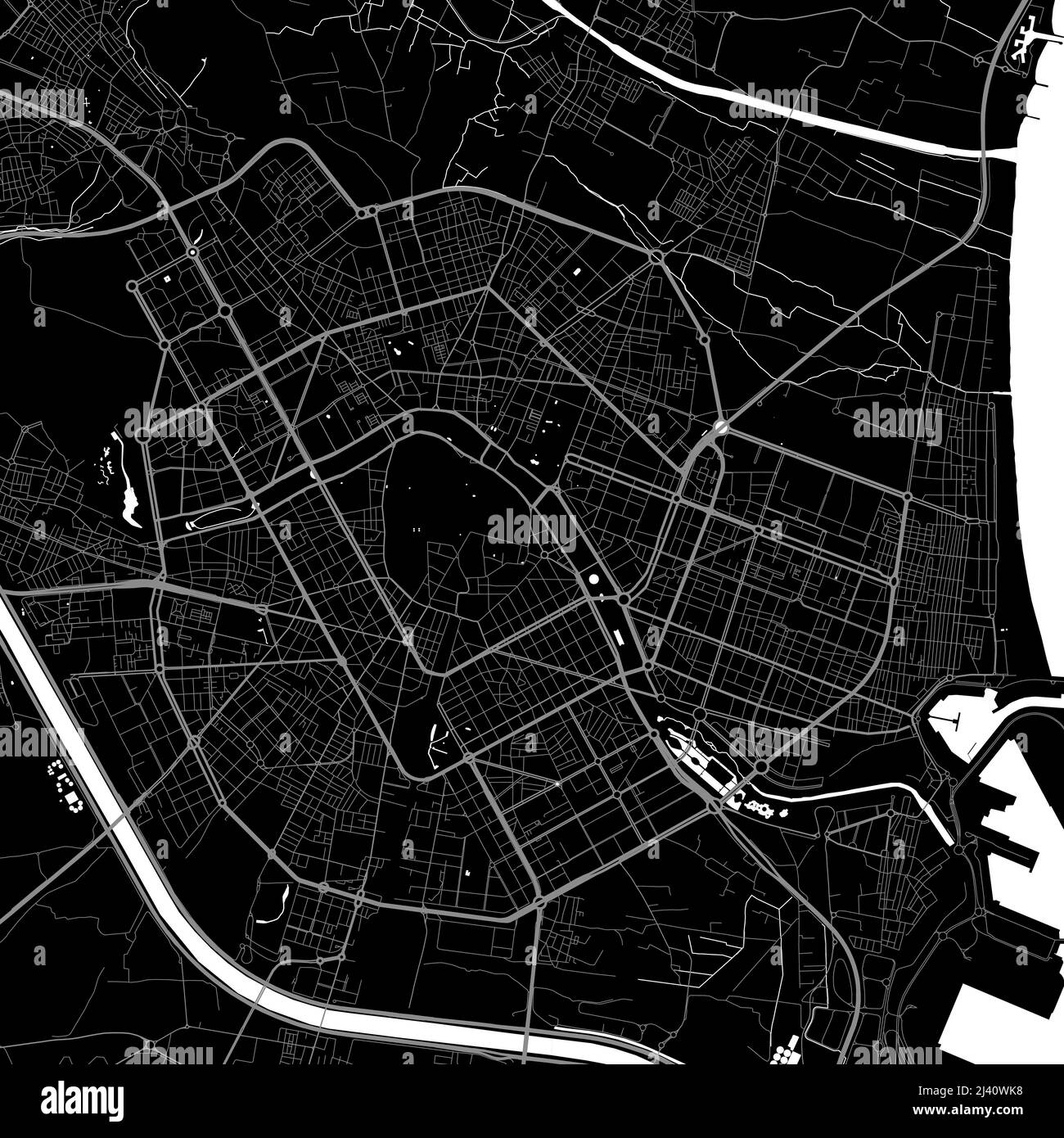 Plan de la ville urbaine de Valence. Illustration vectorielle, affiche graphique Valencia map en niveaux de gris. Carte des rues avec vue sur les routes et la région métropolitaine. Illustration de Vecteur