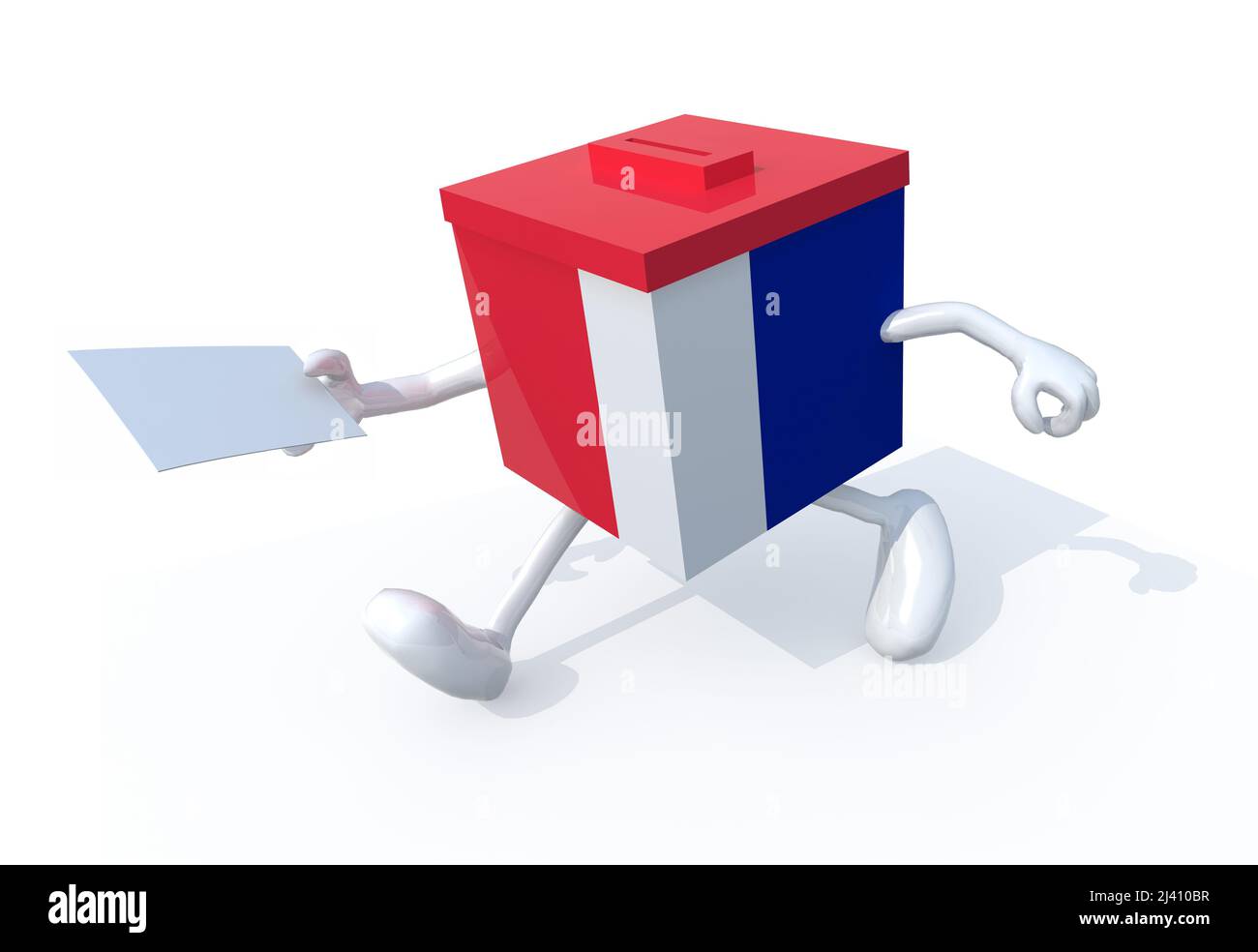 Urne électorale française avec bras, jambes et enveloppe à portée de main, illustration de 3D Banque D'Images