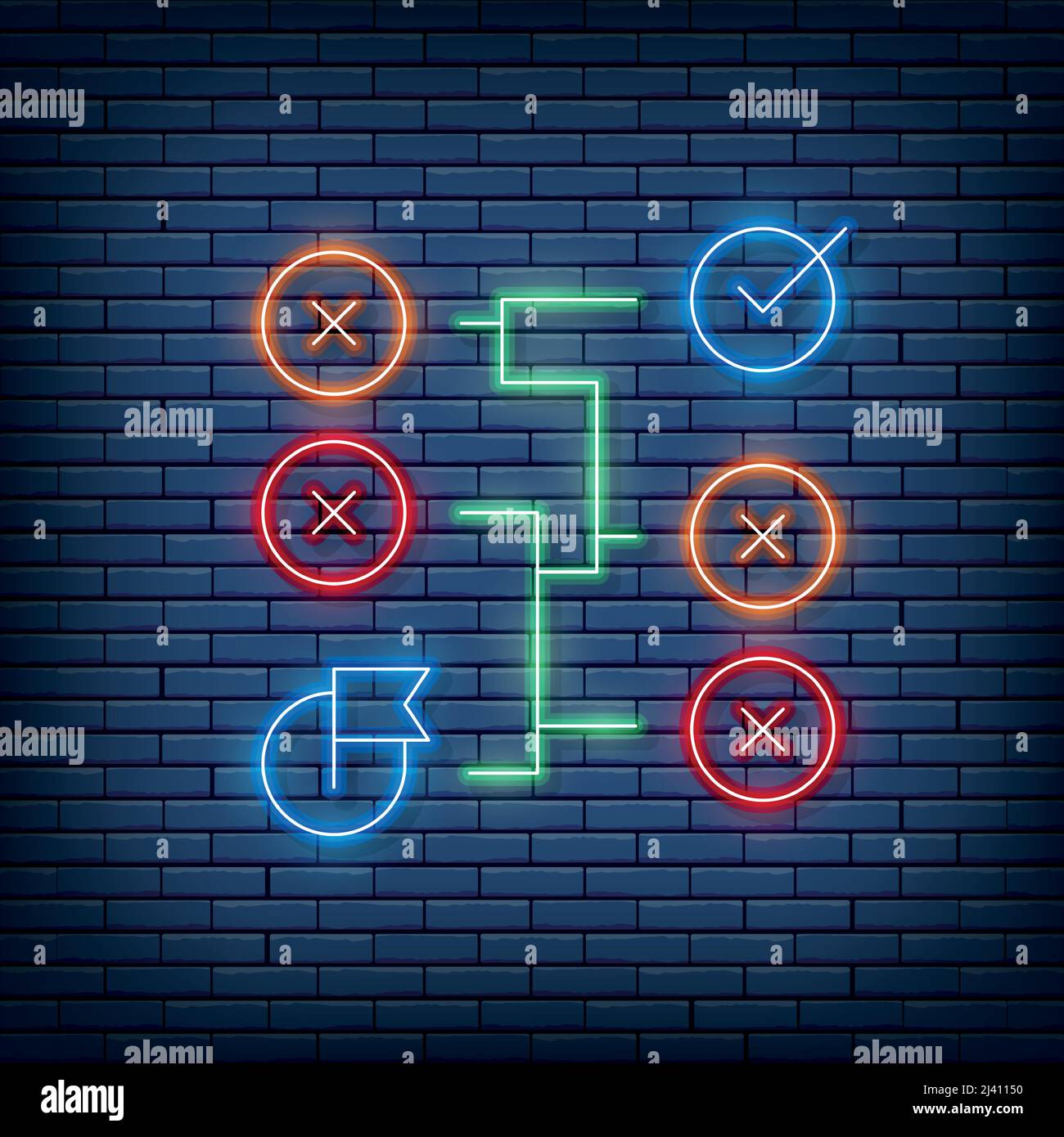 Solution vectorielle correcte, labyrinthe, signe néon de l'algorithme. Illustration vectorielle en style néon. Illustration de Vecteur