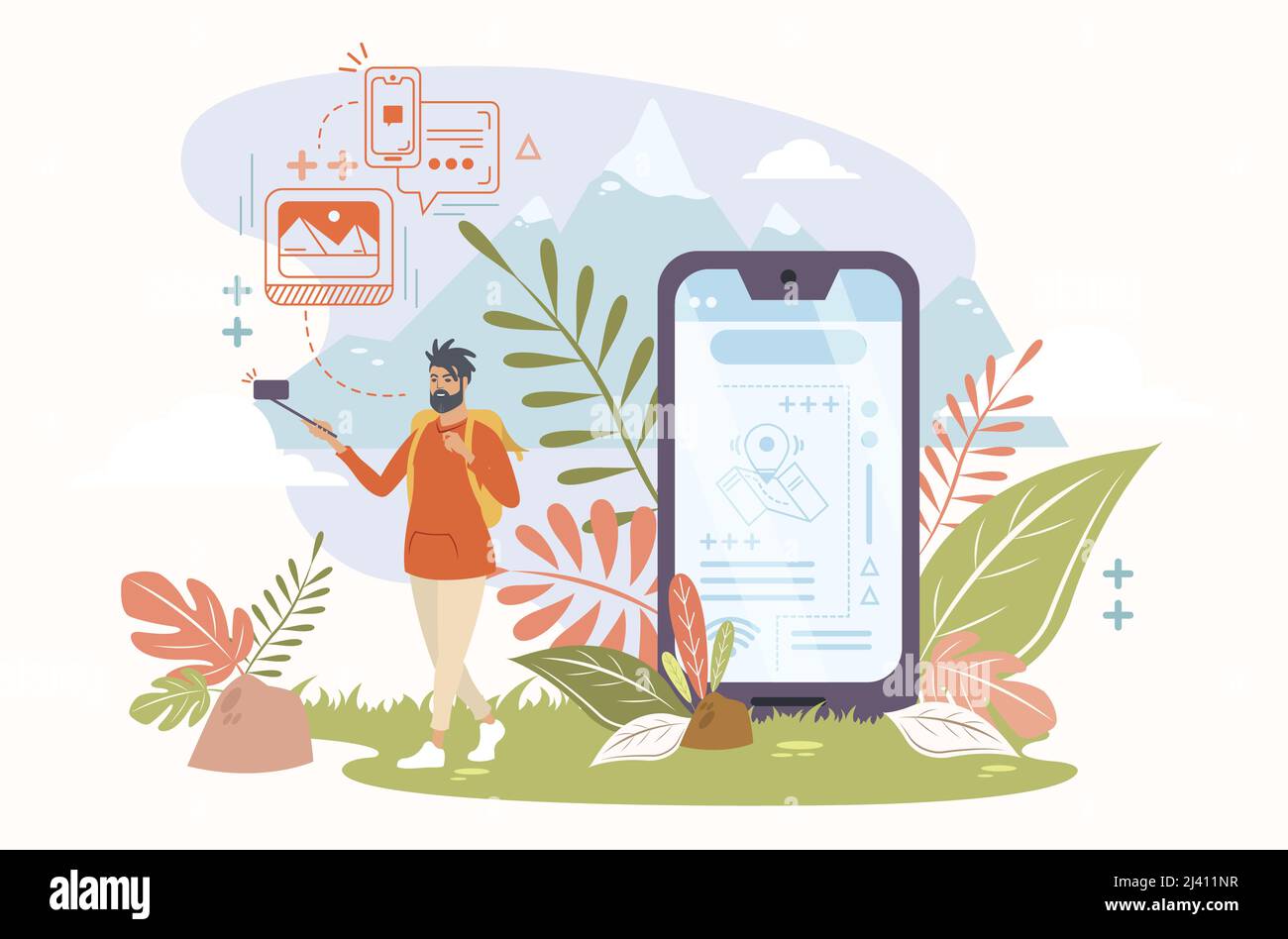 Homme prenant un selfie sur la montagne après avoir regardé le voyage sur son smartphone. Illustration vectorielle. Illustration de Vecteur