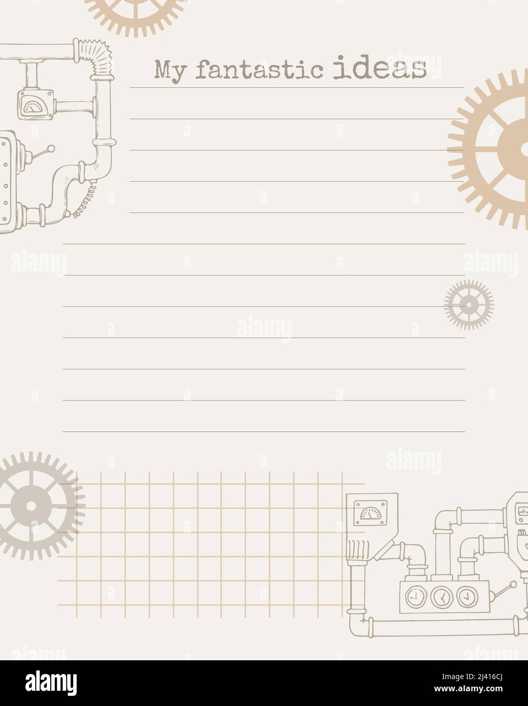 Modèle de notes Mes idées fantastiques dans le style steampunk Doodle, pour des notes, des rappels, des plans, des idées, programme. Illustration vectorielle Illustration de Vecteur